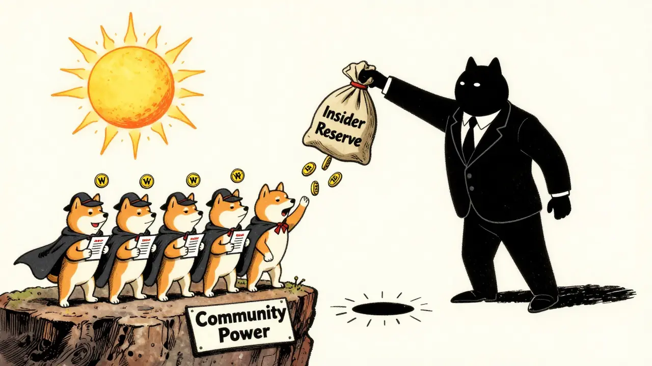 A shadowy figure dumps BONE into a black hole as community dogs reach for a blockchain sun.