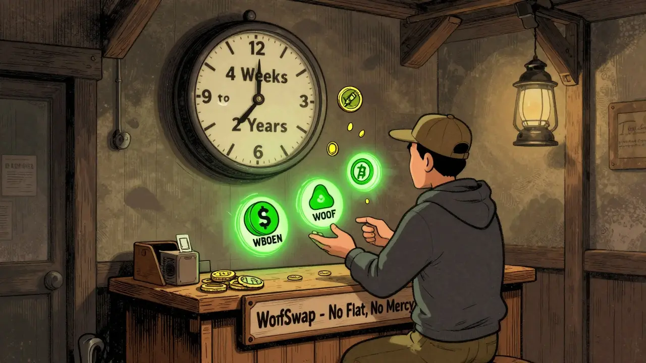 A trader exchanges tokens at a tiny DEX counter with a locked clock above.