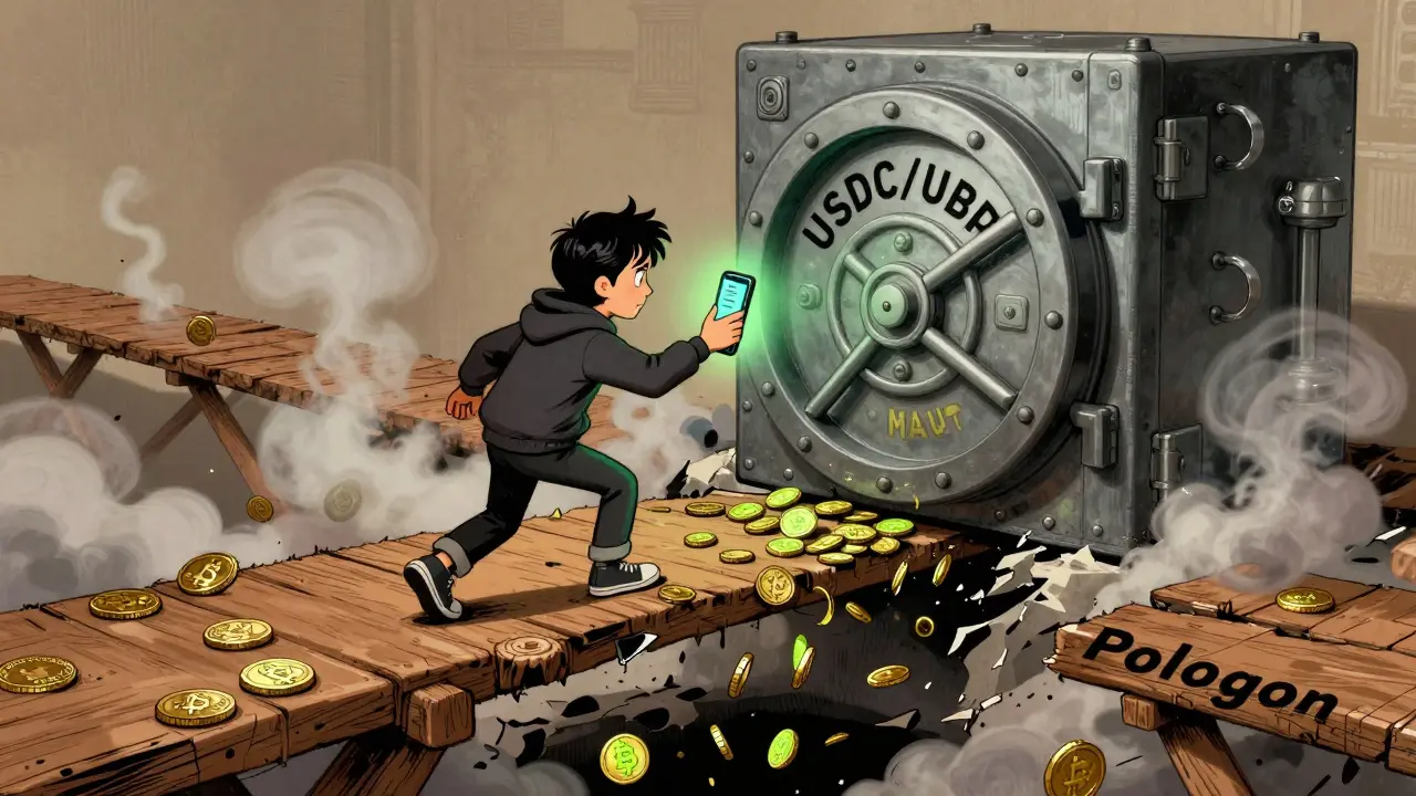 A user ignoring big banks, walking on a shaky bridge of crypto tokens toward a lonely MAI sign.