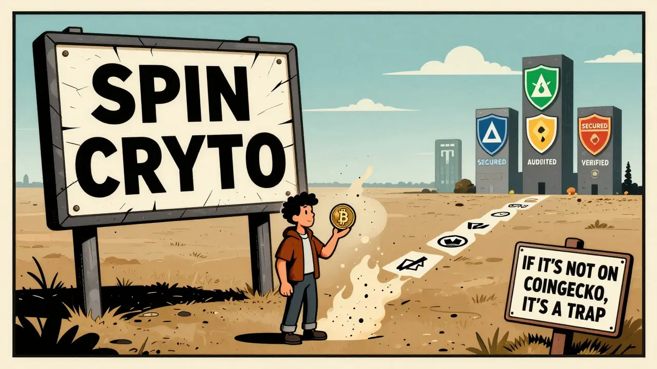 A victim watches their crypto turn to dust as legitimate exchanges stand strong in the distance.