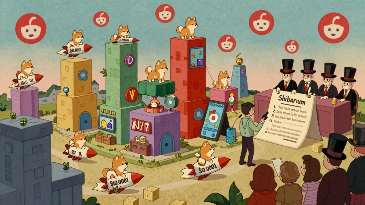 A whimsical digital town called Shibarium where Shiba Inus build apps on block towers with BONE tokens voting above.