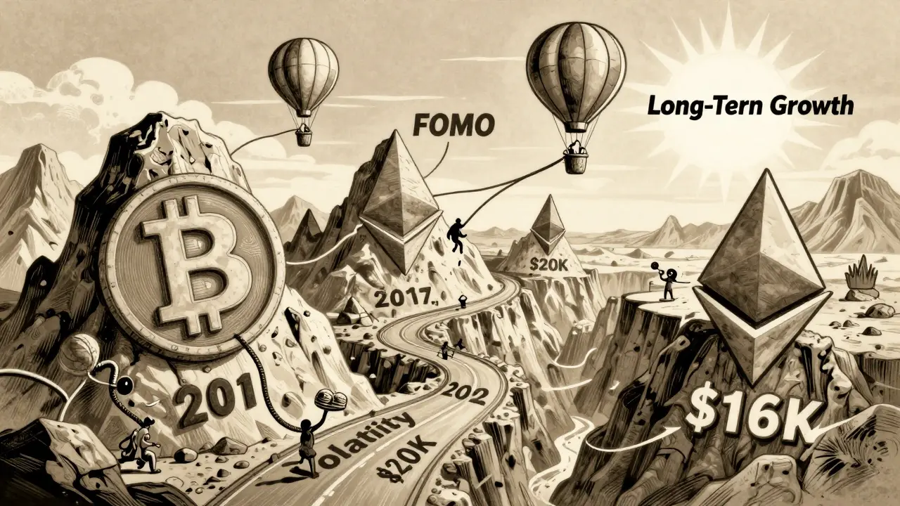 A winding road on Bitcoin-shaped mountains leads from a 2017 peak to a 2022 canyon, with investors in hot air balloons above.