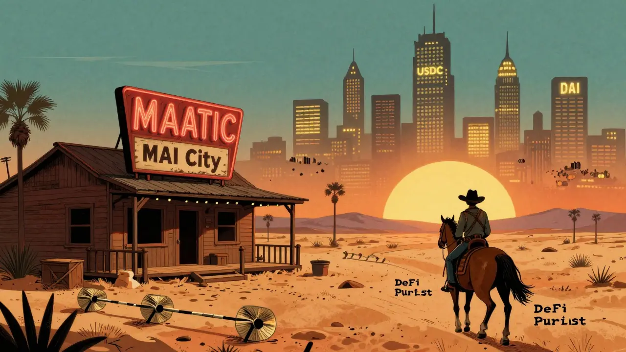 An abandoned ghost town called MAI City with a flickering sign, while USDC and DAI towers shine in the distance.