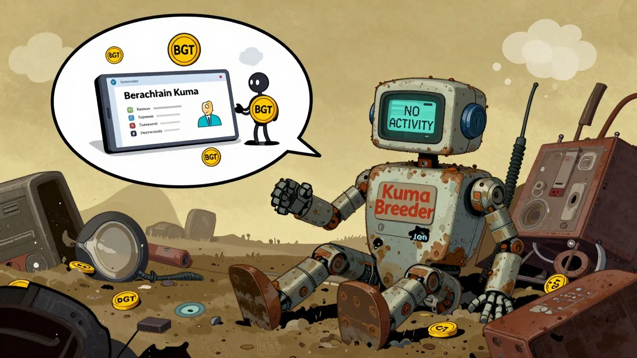 An abandoned Kuma Breeder robot in a junkyard of broken contracts, beside a glowing real DeFi platform.