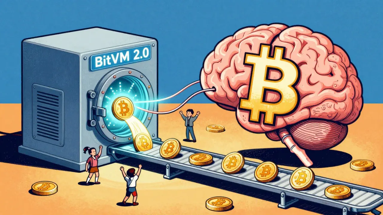 BitVM 2.0 machine automatically unlocks Bitcoin without human help in retro-futuristic cartoon style.