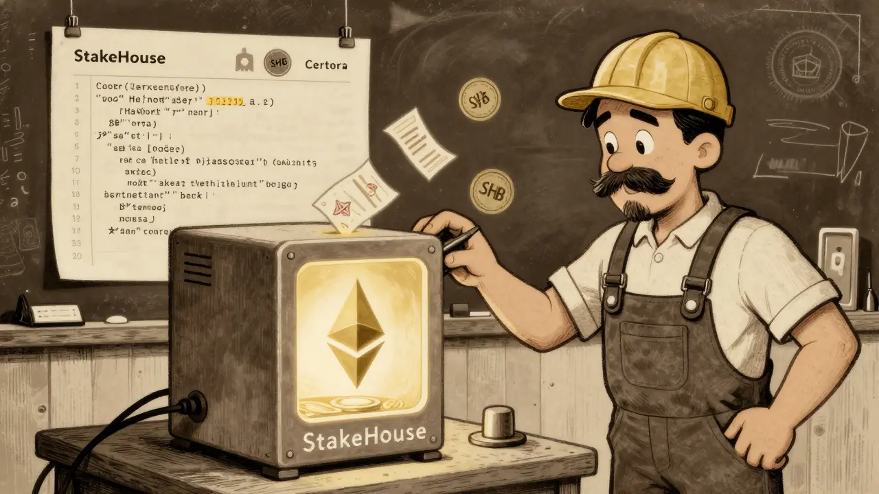 Builder working on a StakeHouse machine with SHB tokens and security audit seals in vintage cartoon style.