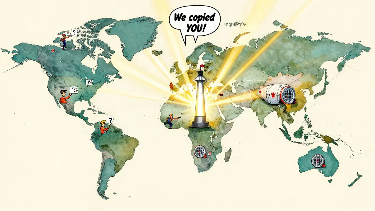 Canada radiating Bitcoin ETF innovation across the world, with other countries copying its secure custody model in vintage cartoon style.