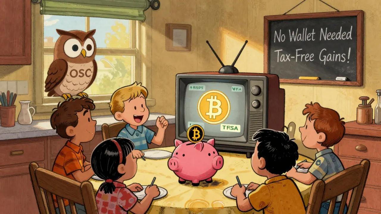Canadian family investing in a Bitcoin ETF on a retro TV, with RRSP and TFSA piggy banks overflowing with Bitcoin icons.