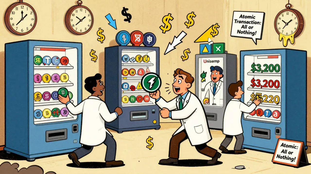 Cartoon traders swapping tokens between glowing DeFi machines with profit arrows flying everywhere.