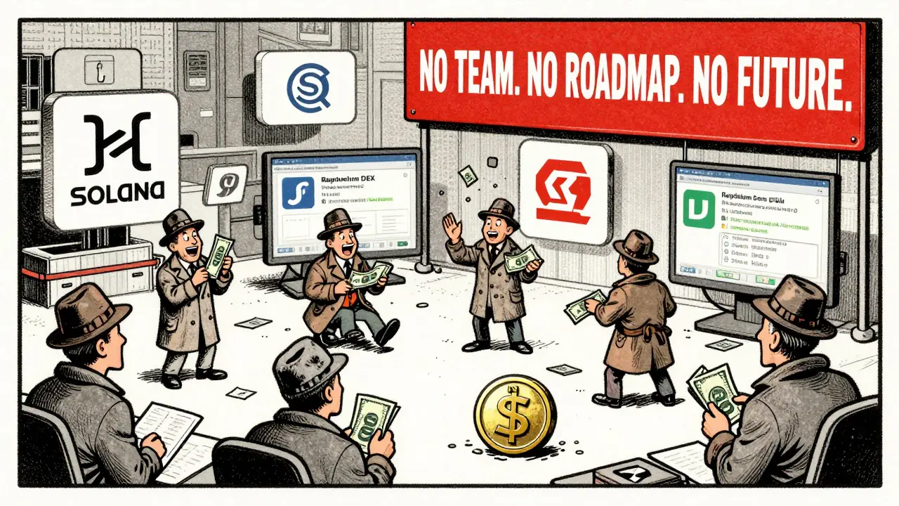 Chaos on a Solana trading floor with caricatured traders buying worthless NINJA tokens.