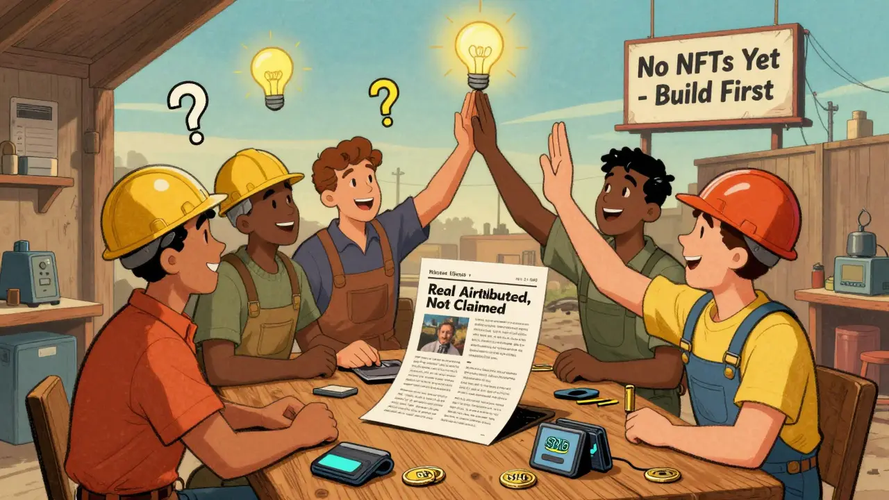 Community of builders celebrating a real airdrop with blog post and testnet tools in vintage cartoon style.