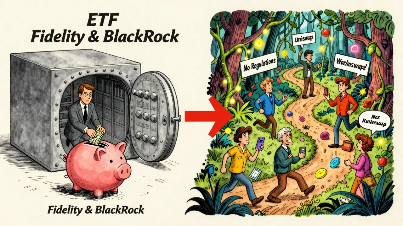 Crypto splits into institutional ETF vaults and wild DEX jungles, each path showing different trading styles.