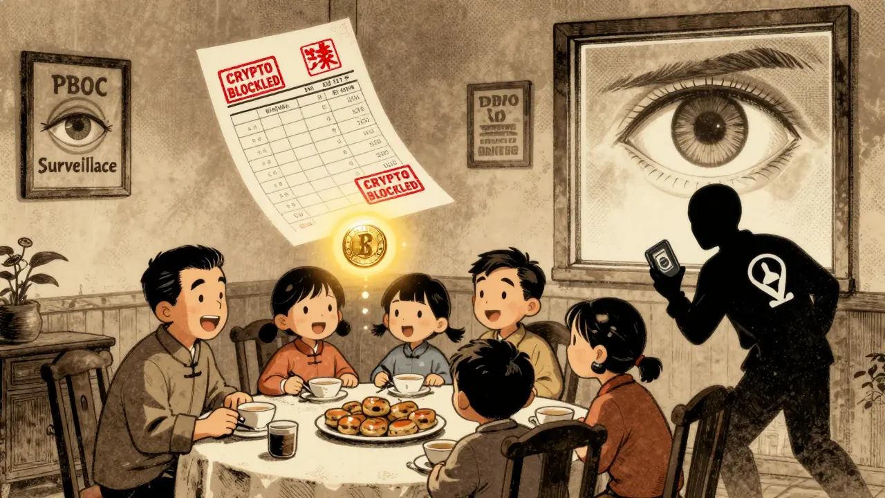 Family sees bank blocked by crypto stamps while digital yuan shines above them.