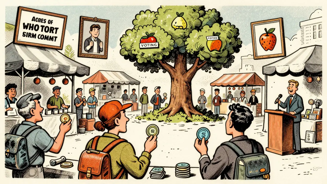 Fans trade social tokens at a vibrant market under a blockchain tree bearing access, voting, and discount fruit.