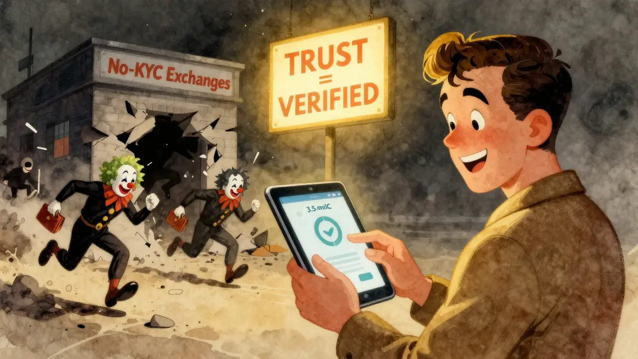Happy user verifies identity while a no-KYC exchange crumbles behind them, glowing trust sign above