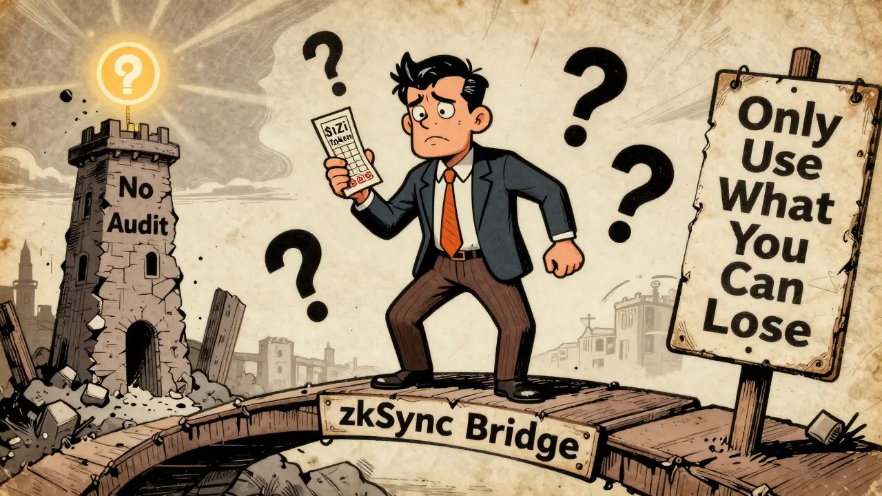 Investor on a shaky bridge holding an airdrop ticket, surrounded by question marks.