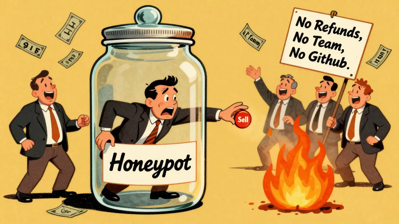 Investor trapped in honeypot jar reaching for unreachable sell button
