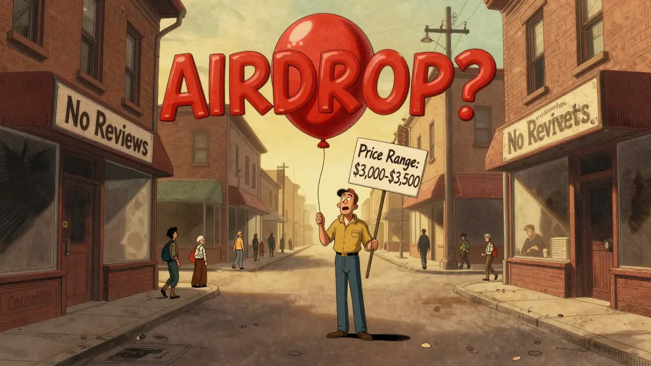 Liquidity provider on a quiet street with an airdrop balloon and empty stores.