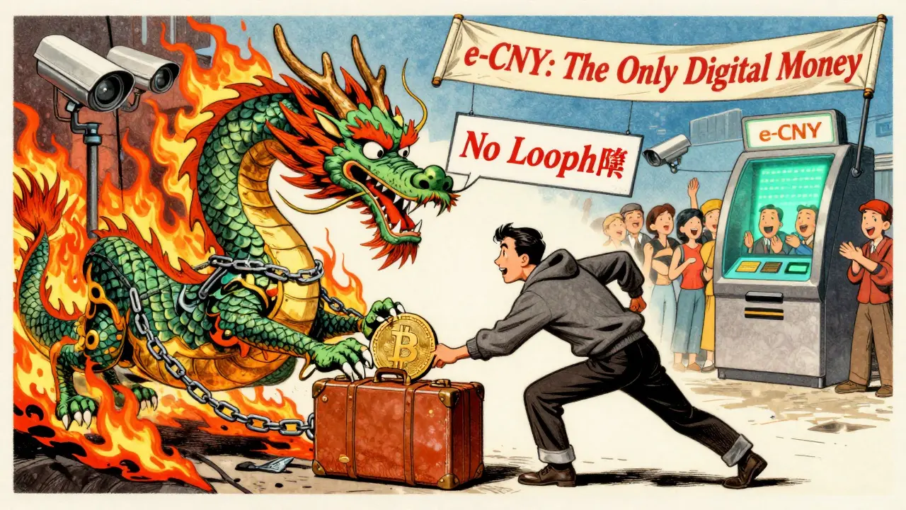 Man tries to sneak Bitcoin to Hong Kong but is stopped by a surveillance dragon.