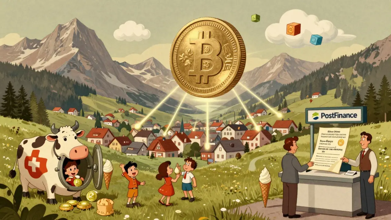 Mountain valley scene with a digital Swiss franc coin above Zug, connected to banks and homes in cartoon style.