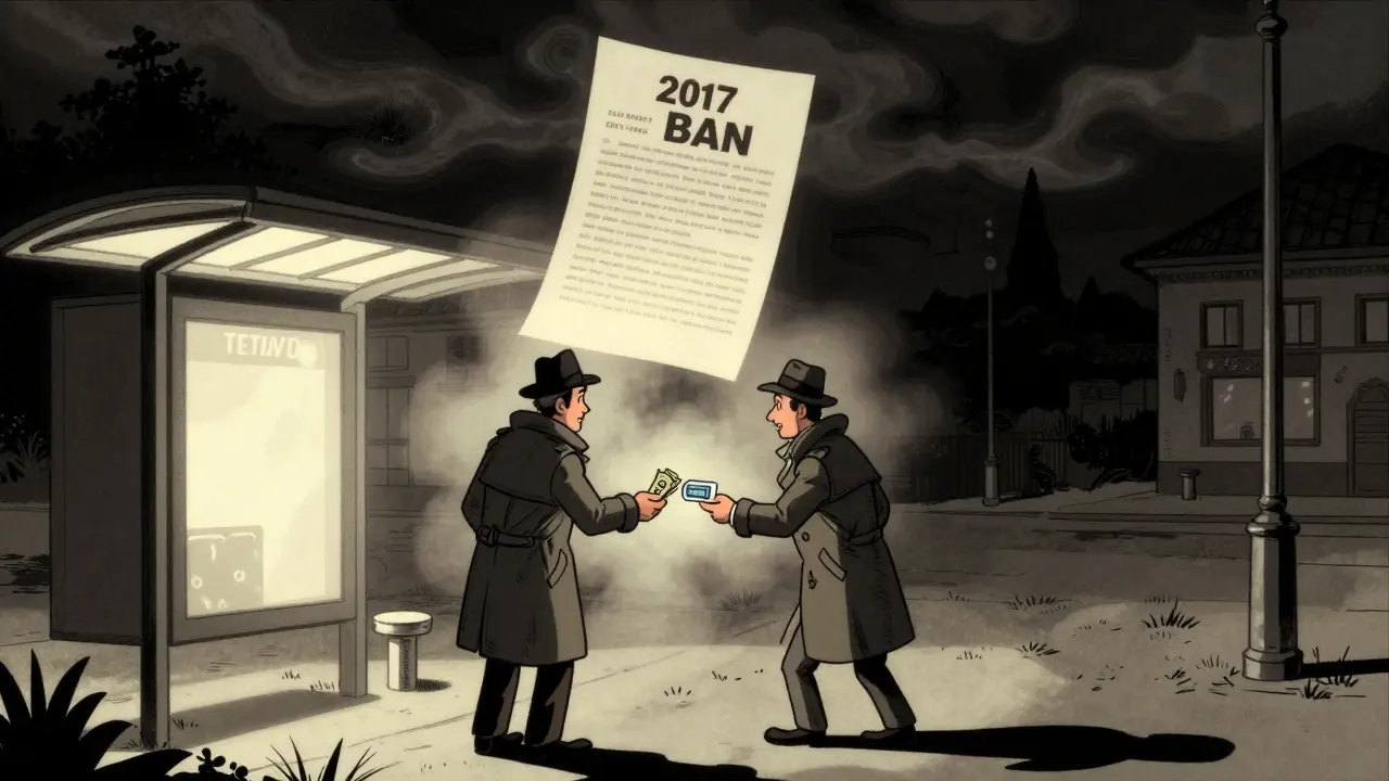 Nighttime cash-for-Bitcoin exchange at a bus stop under a looming ban notice.