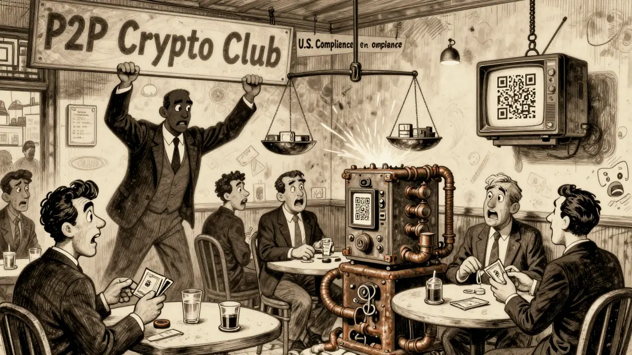 People trade cash for crypto in a cafe while shadowy regulators weigh fines, with a makeshift mining rig in the background.