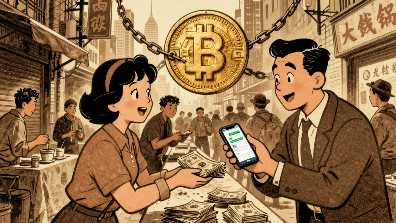 People trade crypto in a hidden alleyway using QR codes and cash, while a chained e-CNY coin looms over the city.