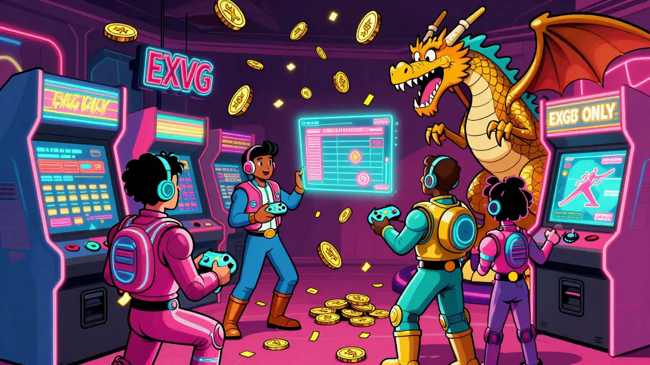 Players in retro-futuristic gear interacting with holograms and vending machines in a neon arcade, receiving EXVG tokens as rewards.