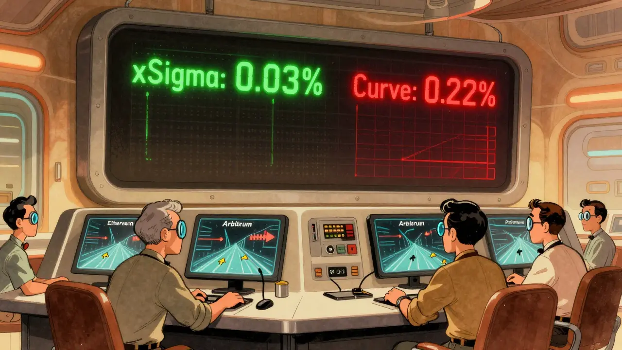 Retro control room with glowing dashboard showing xSigma's low slippage compared to competitors.