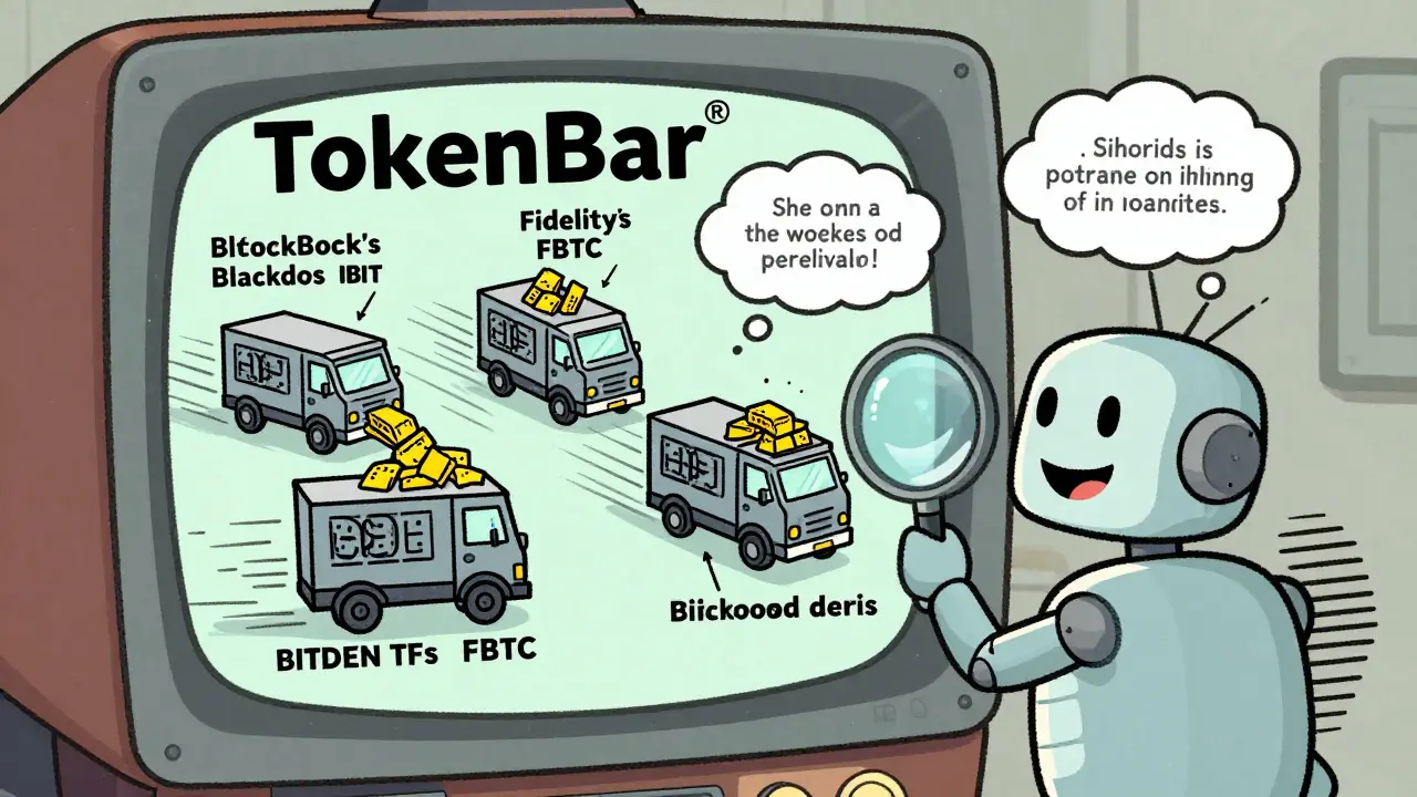 Retro-style dashboard showing ETF trucks dumping gold and a robot analyzing crypto data.