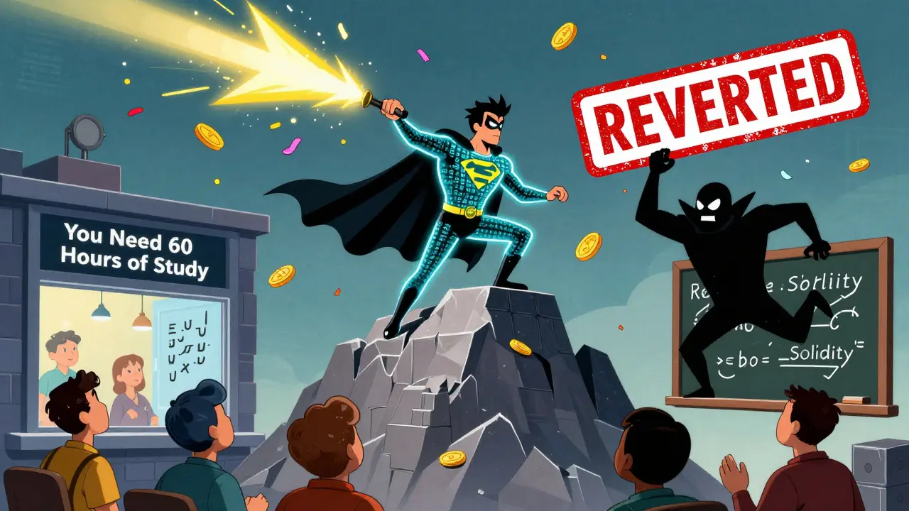 Smart contract hero stopping a villain using a flash loan wand to manipulate an oracle.