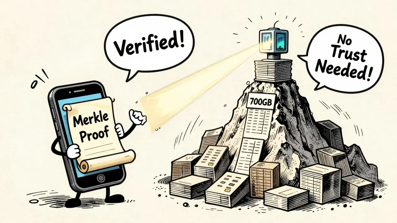 Smartphone verifying blockchain with tiny proof while ignoring giant data mountain
