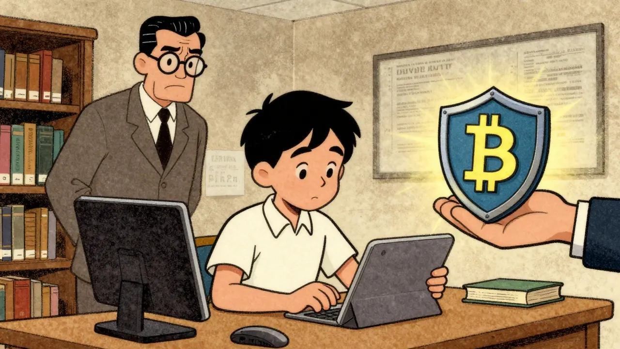 Student trading crypto in a library while librarian looks away, vintage cartoon.