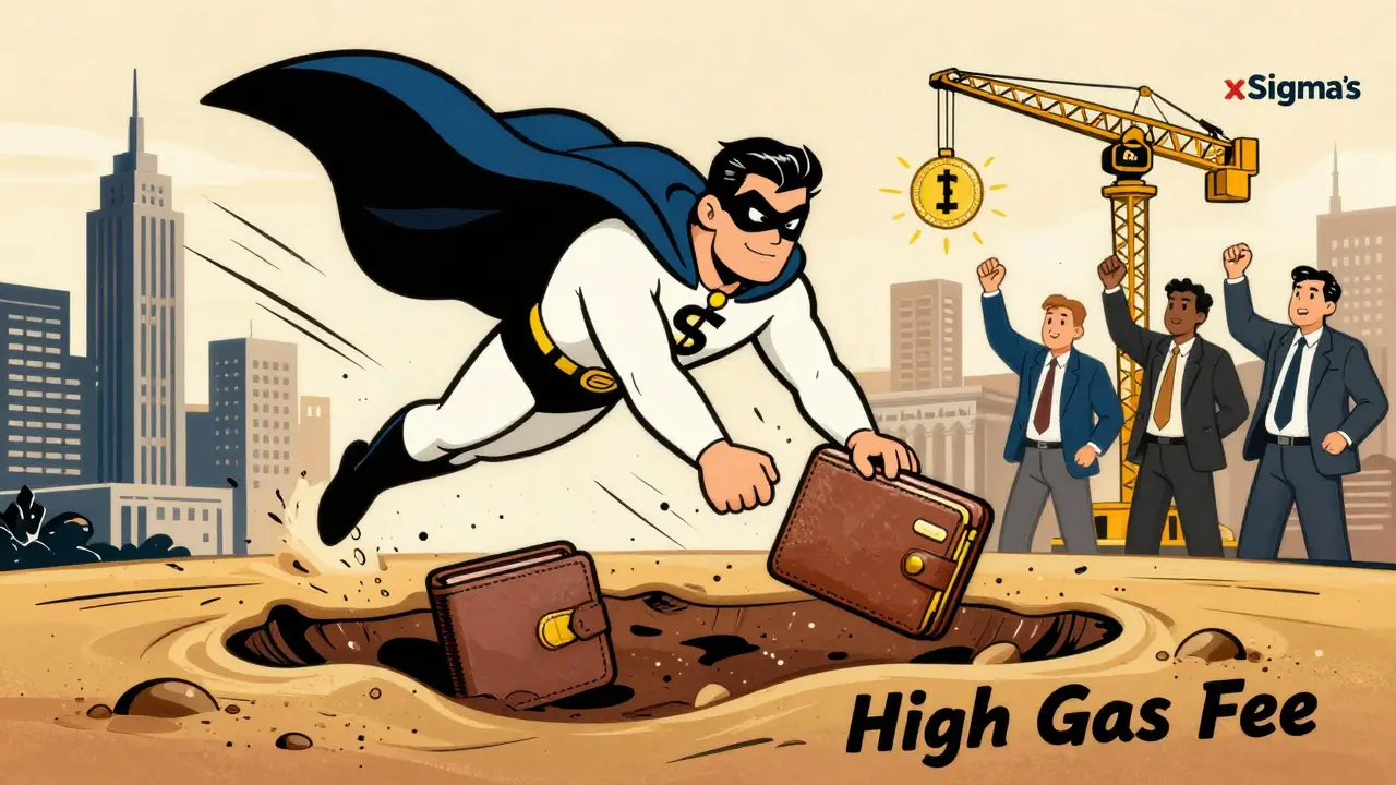 Superhero $SIGMA token rescuing a wallet from high gas fees in a DeFi city skyline.