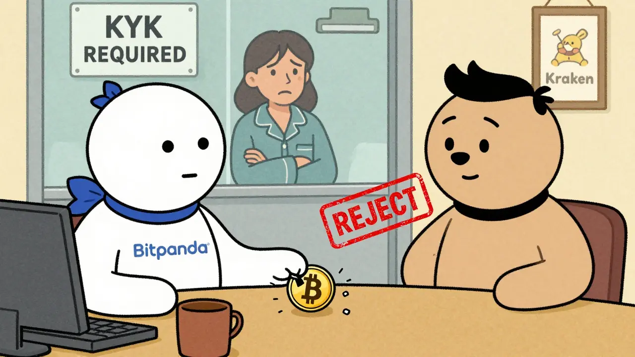 Two crypto exchanges in a cartoon scene, one rejecting a transaction due to missing user identity data.