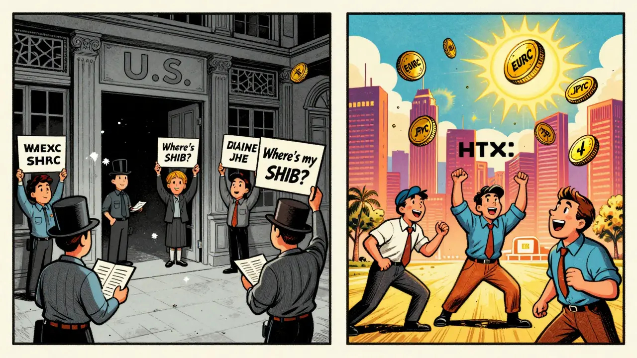 Two trading worlds: a locked U.S. exchange vs. a thriving Singapore crypto hub with stablecoins flying high.