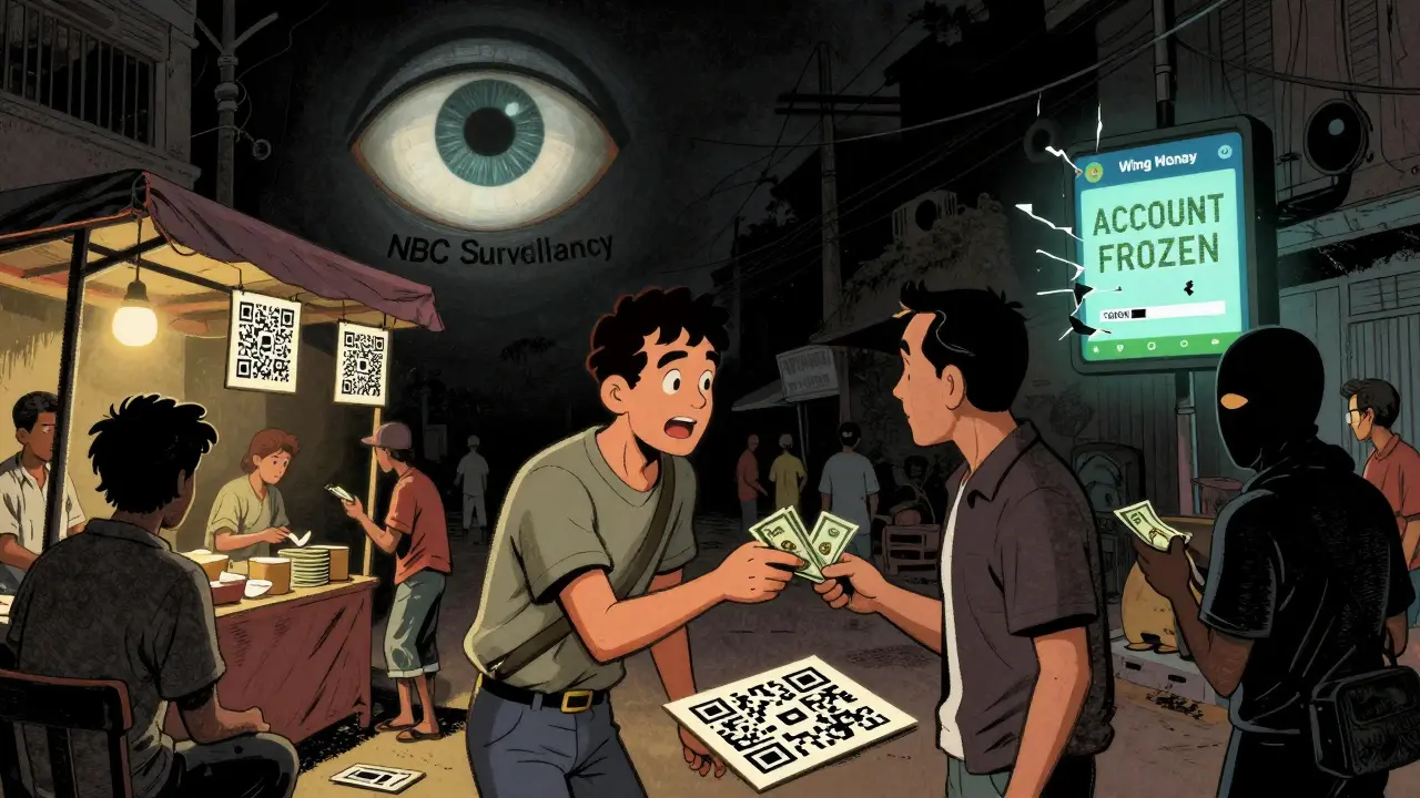 Underground crypto traders in Phnom Penh at night, watched by a giant eye labeled 'NBC Surveillance'.