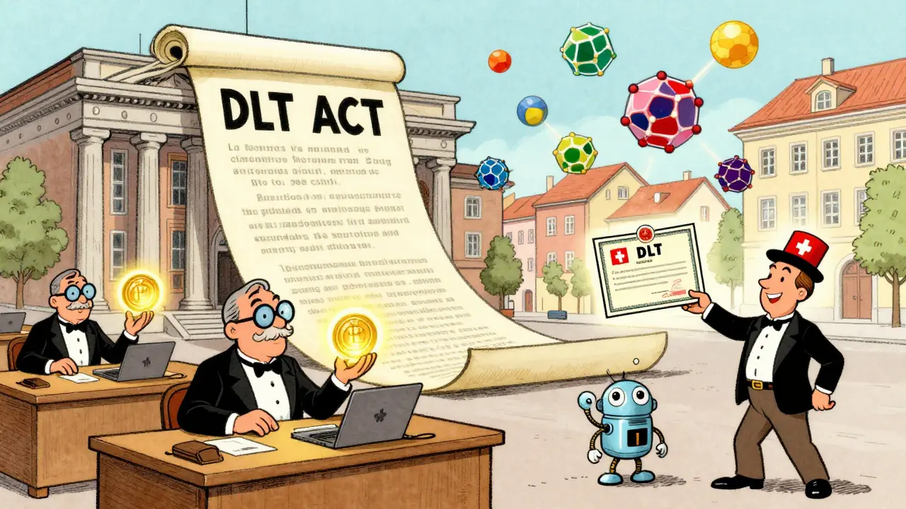 Whimsical scene of lawyers and robots interacting with glowing blockchain tokens in Zug's financial district.