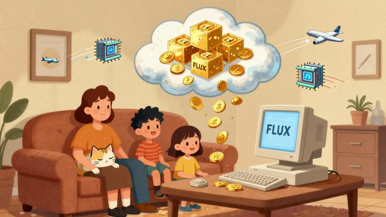 A cat napping on a couch while a computer turns idle power into FLUX tokens rising into a blockchain-shaped cloud.