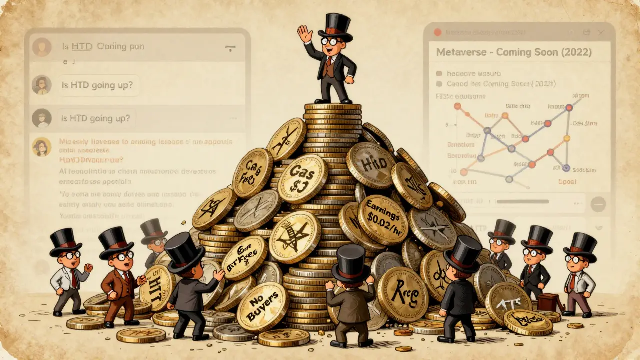 A collapsing pyramid of HTD tokens burying new players as early investors escape at the top.