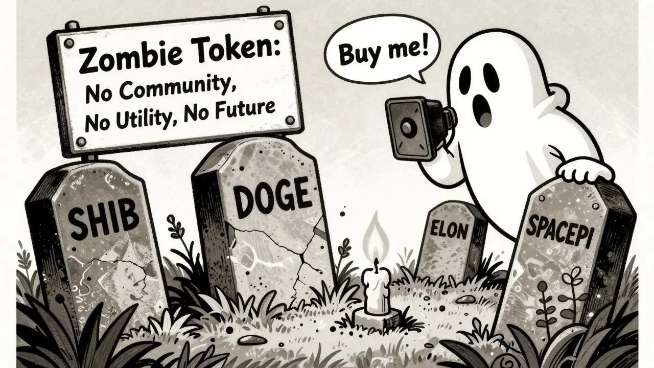 A crypto graveyard with a cracked SPACEPI tombstone, a flickering candle, and a ghost whispering 'Buy me!'
