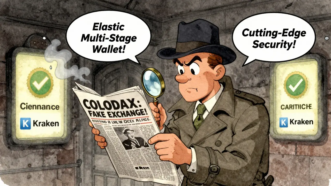 A detective exposes fake buzzwords dissolving into smoke while real exchanges glow safely nearby.