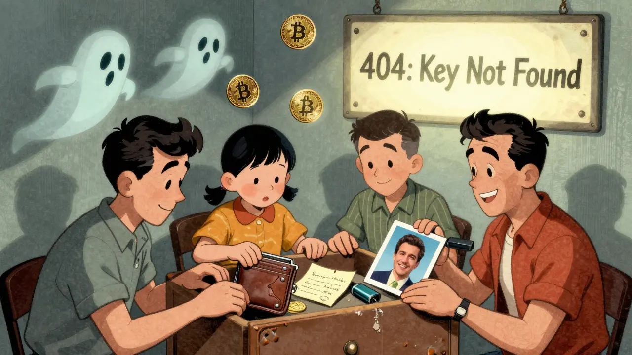 A family finds lost crypto backups in a drawer while ghostly coins hover above, labeled 'Key Not Found'.