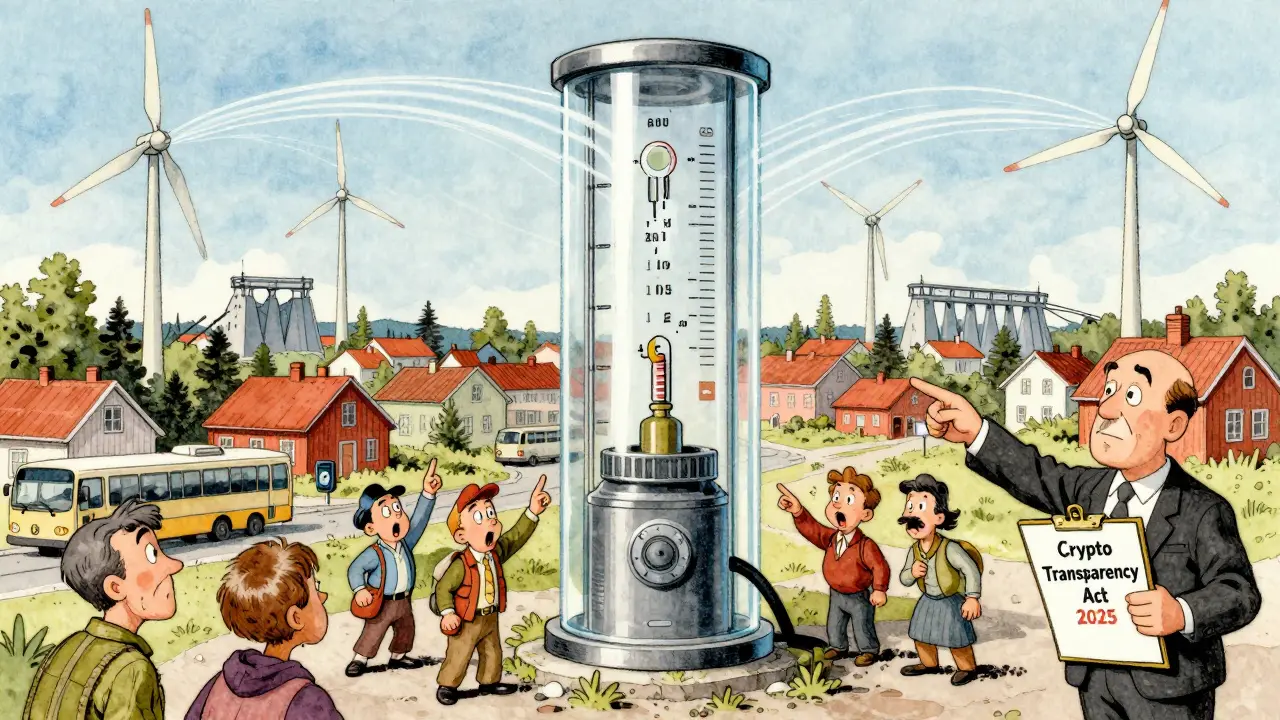 A giant energy meter drains power from clean sources to a single Bitcoin rig, while citizens and officials react in a Swedish town.