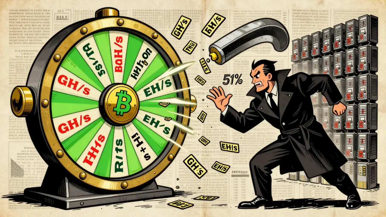 A giant lottery wheel being attacked by a villain, blocked by a wall of mining rigs.