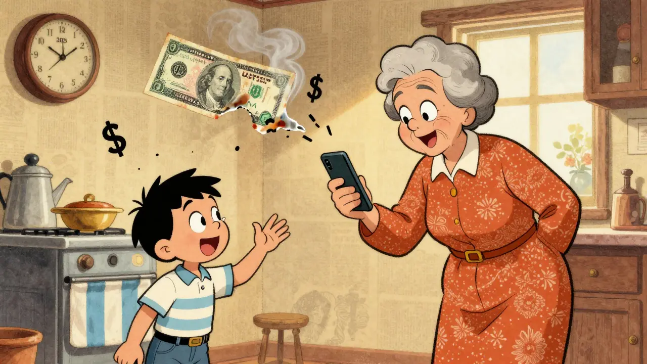 A grandmother sends crypto to her grandchild using a smartphone in a cozy kitchen.