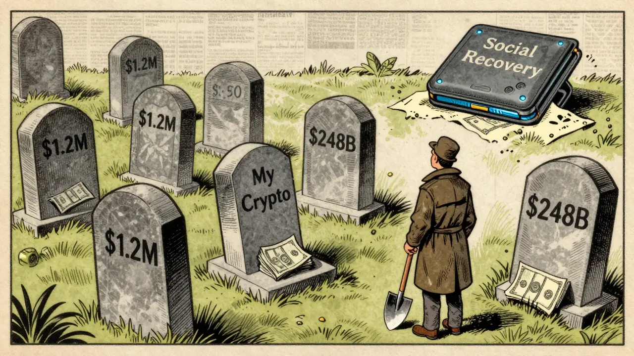 A graveyard of crypto wallets with tombstones marking lost fortunes, under a dusty 'Social Recovery' wallet.