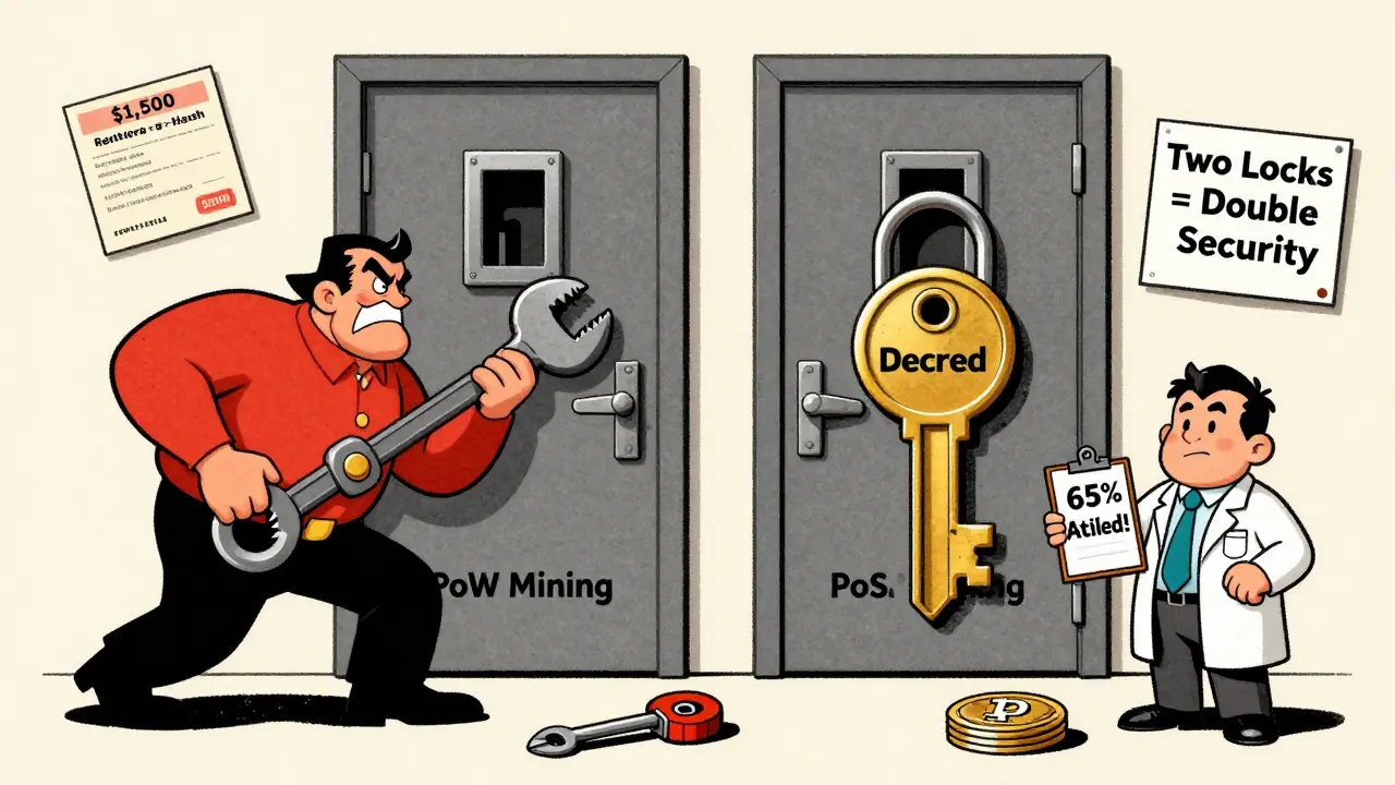 A hybrid blockchain with two locks, showing why attacking both systems is impossible.