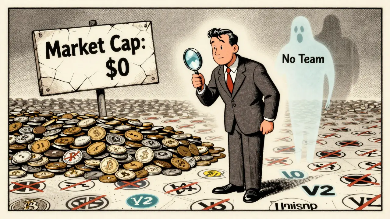 A man in a vintage suit stares at a tiny SPACEPI token on a mountain of identical tokens, with a 'Market Cap: <h2>Why it looks like a pump and dump</h2>' sign behind him.