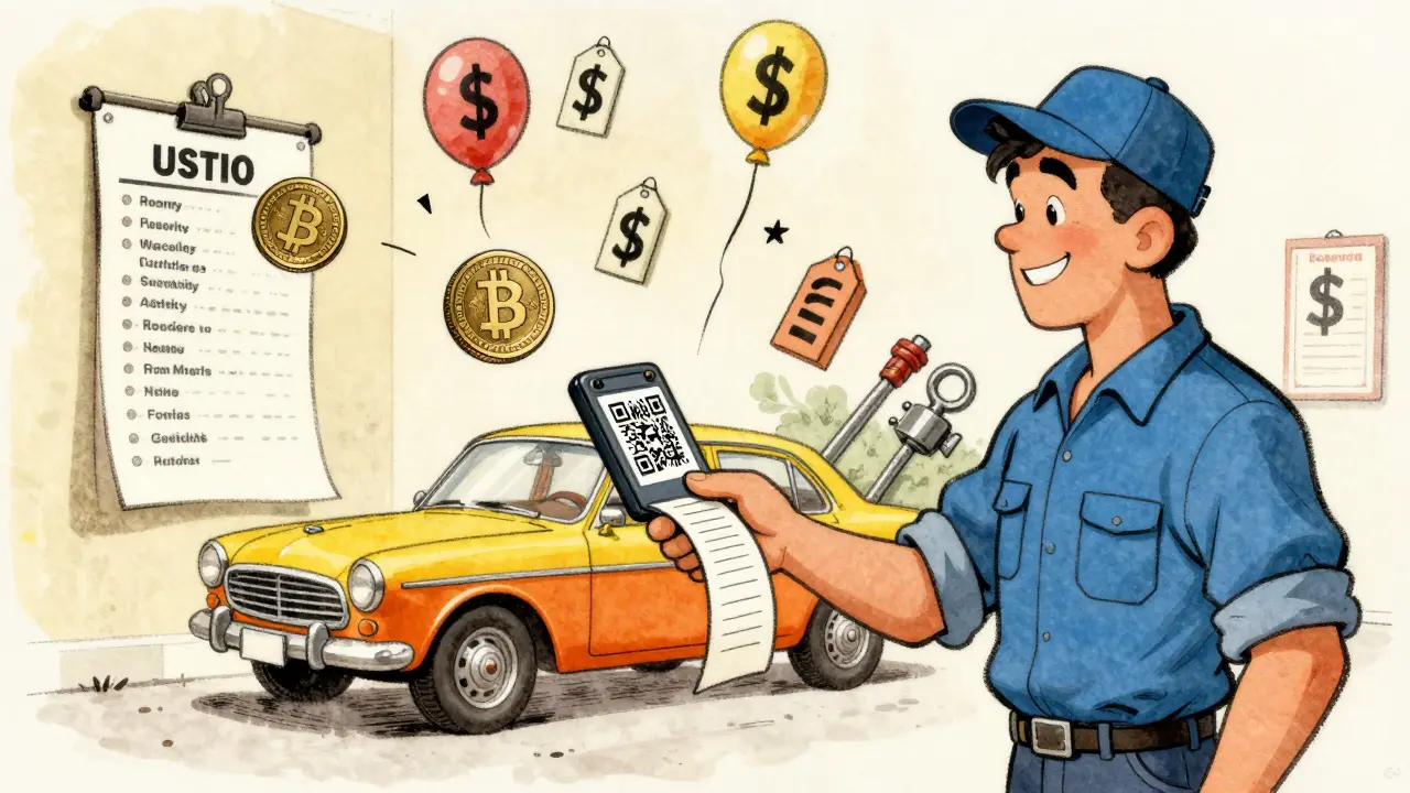 A mechanic gives a QR code instead of a receipt, with digital money turning into pesos.